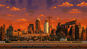 Zone 1: a city skyline at sunset, a construction crane over the towers