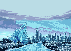 Zone 4: a giant alien crystal lodged in a frozen city waterfront