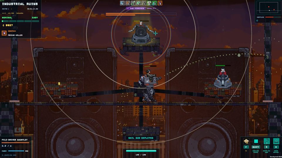 The Foremen boss fight: a ring of four turrets around a rotating platform