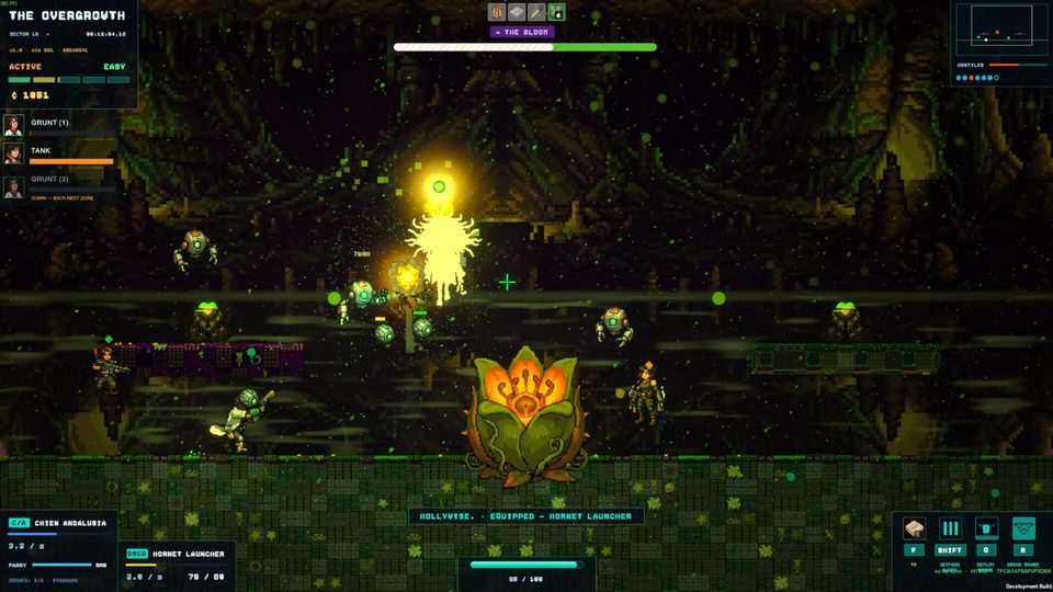 The Bloom boss fight in an overgrown cavern