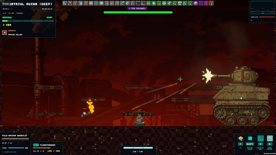 A boss tank firing across a burning red arena