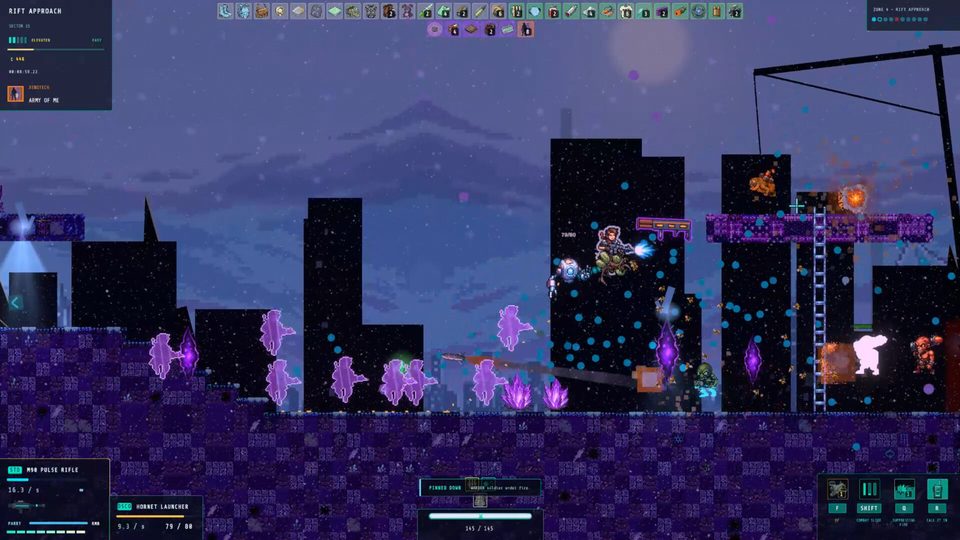 Operatives fighting through a violet crystal field under a night skyline