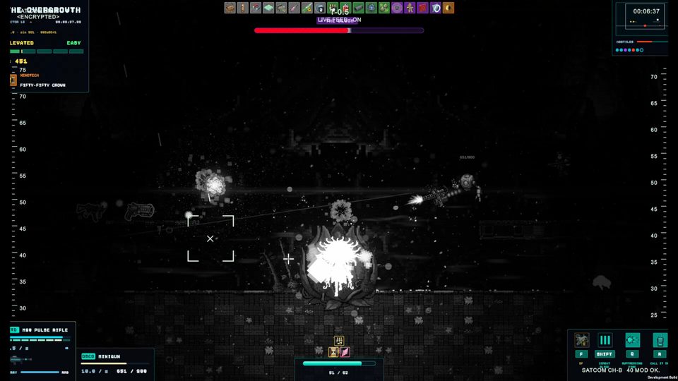 A black-and-white, signal-corrupted view of a firefight