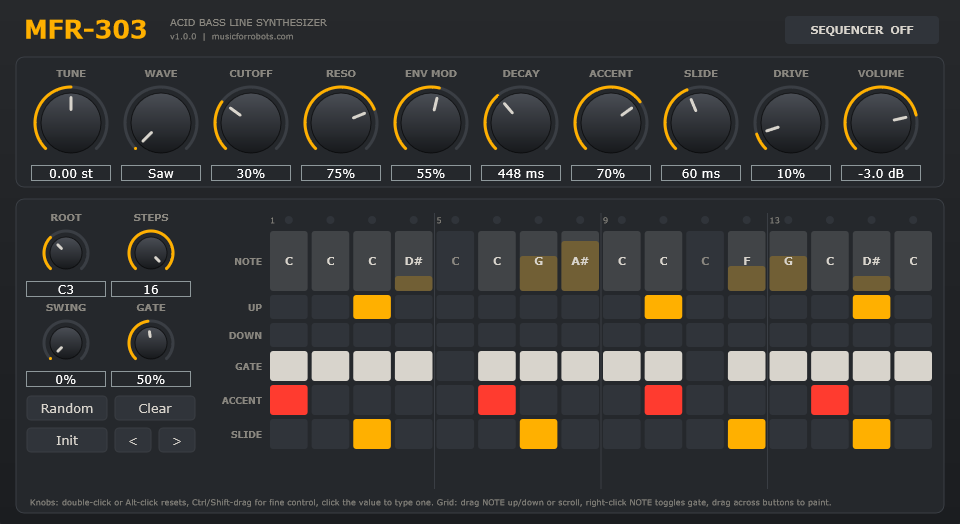 The MFR-303 interface: ten synth knobs above a 16-step sequencer grid