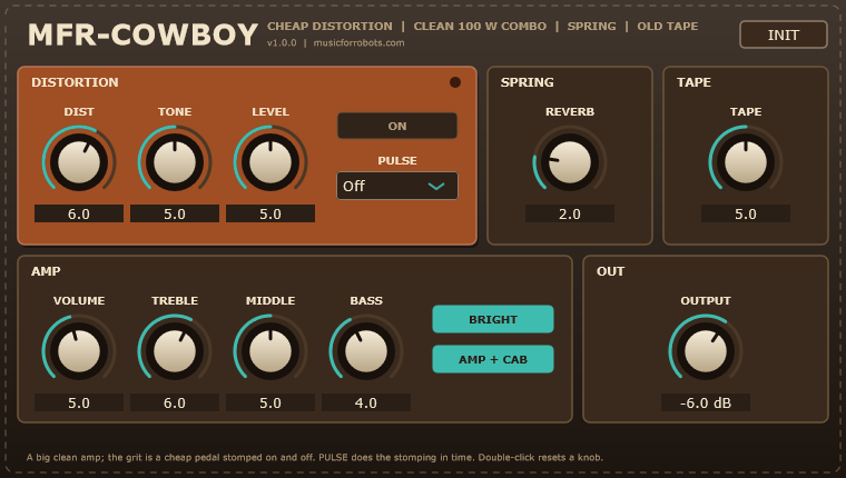 The MFR-Cowboy interface in saddle leather and turquoise: a burnt-orange distortion pedal with PULSE, spring, tape, amp and output