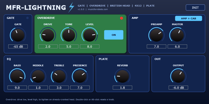 The MFR-Lightning interface in electric blue: gate, a green overdrive pedal, amp, EQ, plate and output