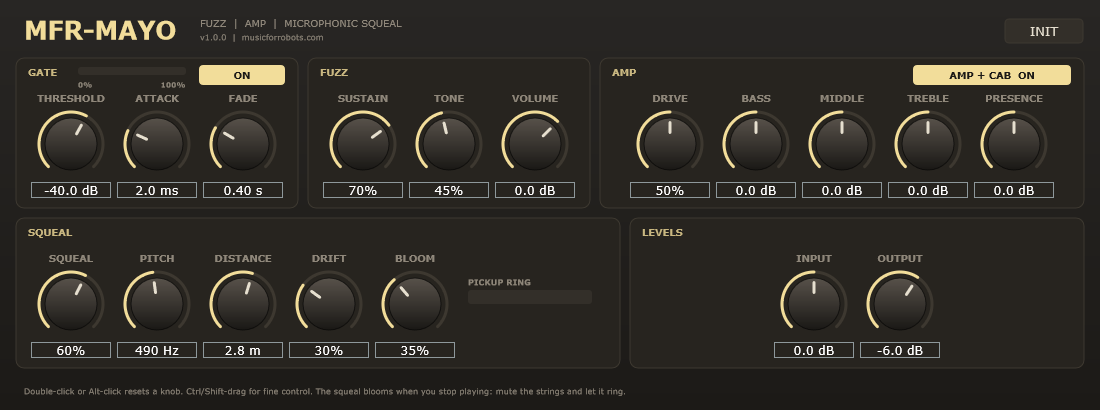 The MFR-Mayo interface: gate, fuzz, amp, squeal and level controls