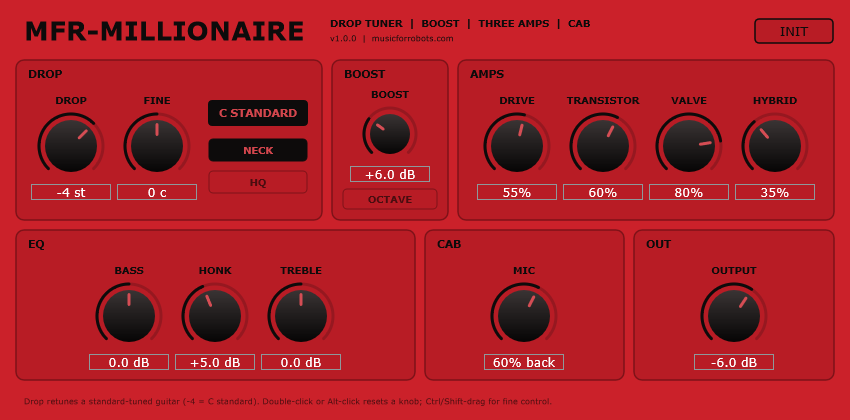 The MFR-Millionaire interface in red and black: drop tuner, boost, three amps, EQ and cab controls