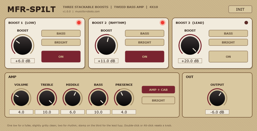 The MFR-Spilt interface in tweed: three cream boost pedals above an amp panel
