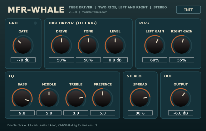 The MFR-Whale interface in deep sea blue: gate, tube driver, two rigs, EQ, stereo spread and output